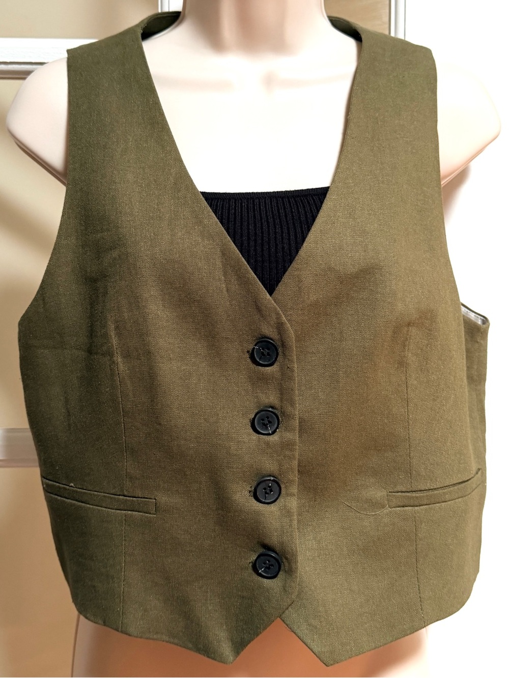 Zara Olive Vest with Black Buttons